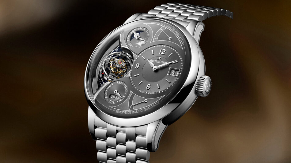 JaegerLeCoultre Duometre Heliotourbillon PerpetualLADO DER Watches World Jaeger LeCoultre luxury steel wristwatch with visible tourbillon and multiple dials on a metal bracelet showing date window at 3 oclock
