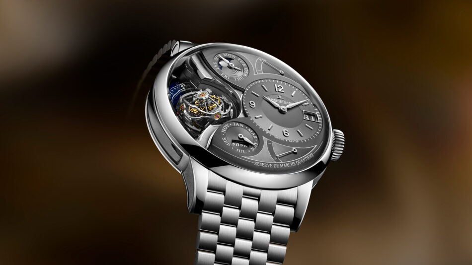 JaegerLeCoultre Duometre Heliotourbillon PerpetualLADO IZQ Watches World Close up of a silver luxury wristwatch with exposed tourbillon and multiple subdials showcasing intricate inner gears on a dark gradient background