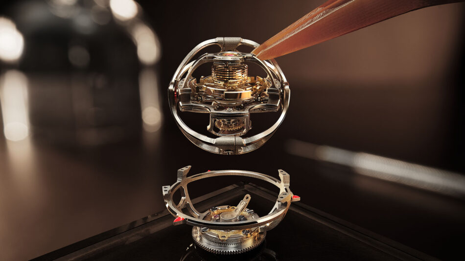 JaegerLeCoultre Duometre Heliotourbillon PerpetualTOURBILLON Watches World Close up of a tourbillon watch movement with a circular cage and exposed gears on a reflective surface