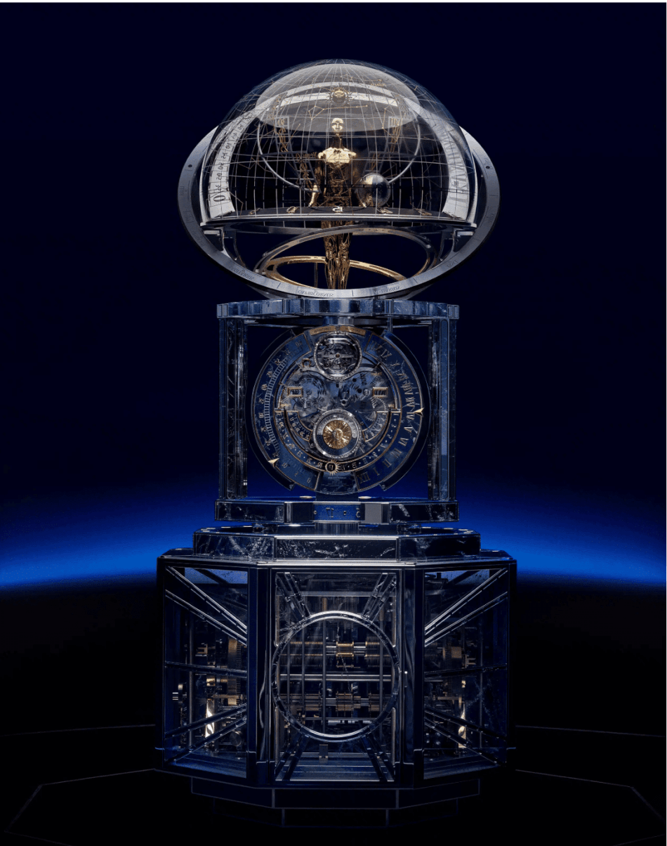 La Quete du Temps de Vacheron Constantin Watches World Ornate astronomical clock inside a glass dome attached to a transparent metal frame against a dark blue background