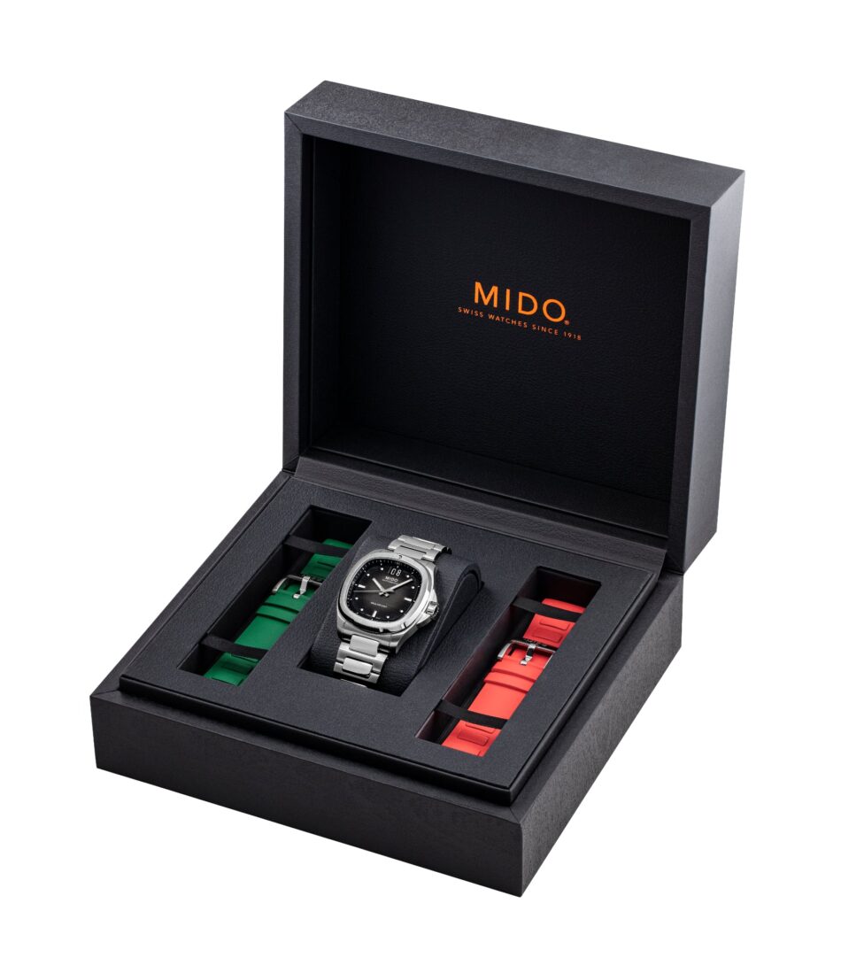 MIDO MTV MX 3 Watches World MIDO MTV MX Black watch display box with three compartments for watches and colored straps green black red visible inside