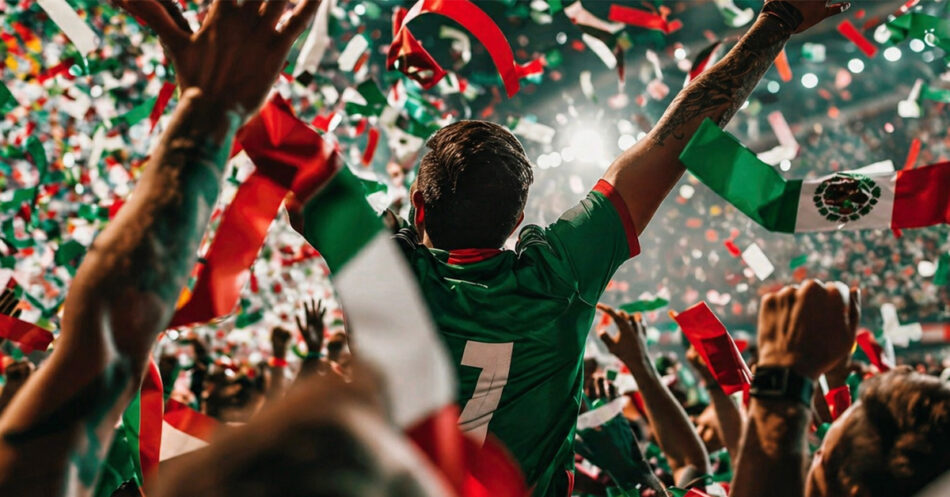 MIDO MTV MX06 Watches World MIDO MTV MX Soccer fan in a green jersey with number 7 raises arms amidst a confetti filled stadium in Mexican colors green white red