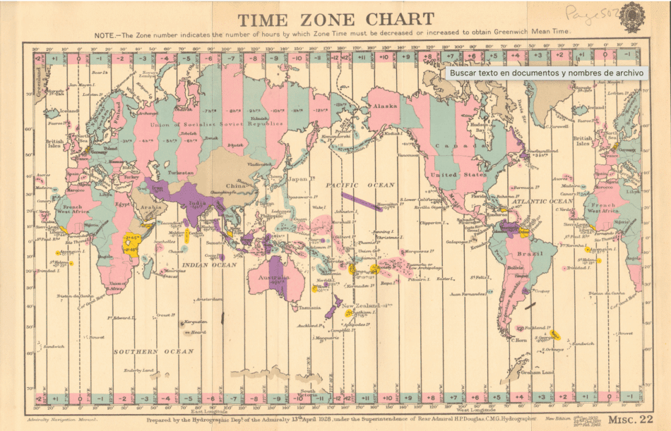 Mapa con Husos Horarios de 1942Instituto Hidrográfico del Reino Unido Watches World Vintage time zone chart map showing the world divided into colored time zones with longitudinal lines 1928 preparation by hydrographic dept