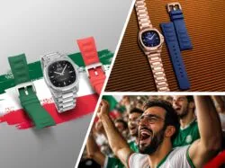 Mido Multifort TV big date mx Banner collage showcasing Mido watches with colorful straps on the left and blue/rose-gold bands on the right, separated by a white diagonal divider; cheering sports fans visible in the bottom-right corner.