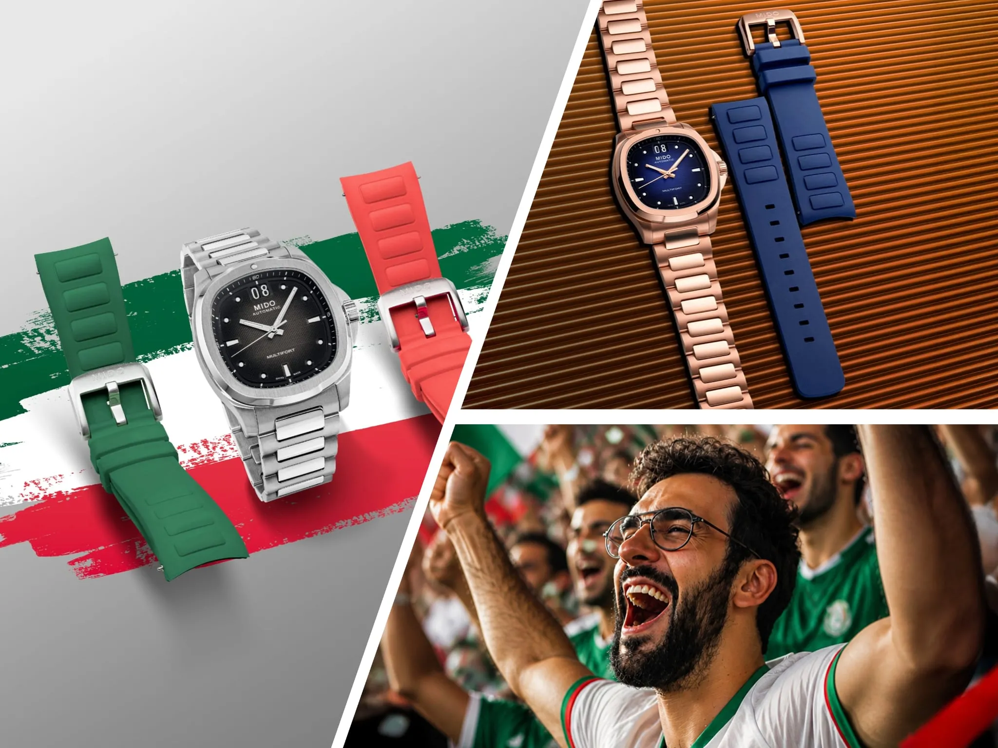 Mido Multifort TV big date mx Banner collage showcasing Mido watches with colorful straps on the left and blue/rose-gold bands on the right, separated by a white diagonal divider; cheering sports fans visible in the bottom-right corner.