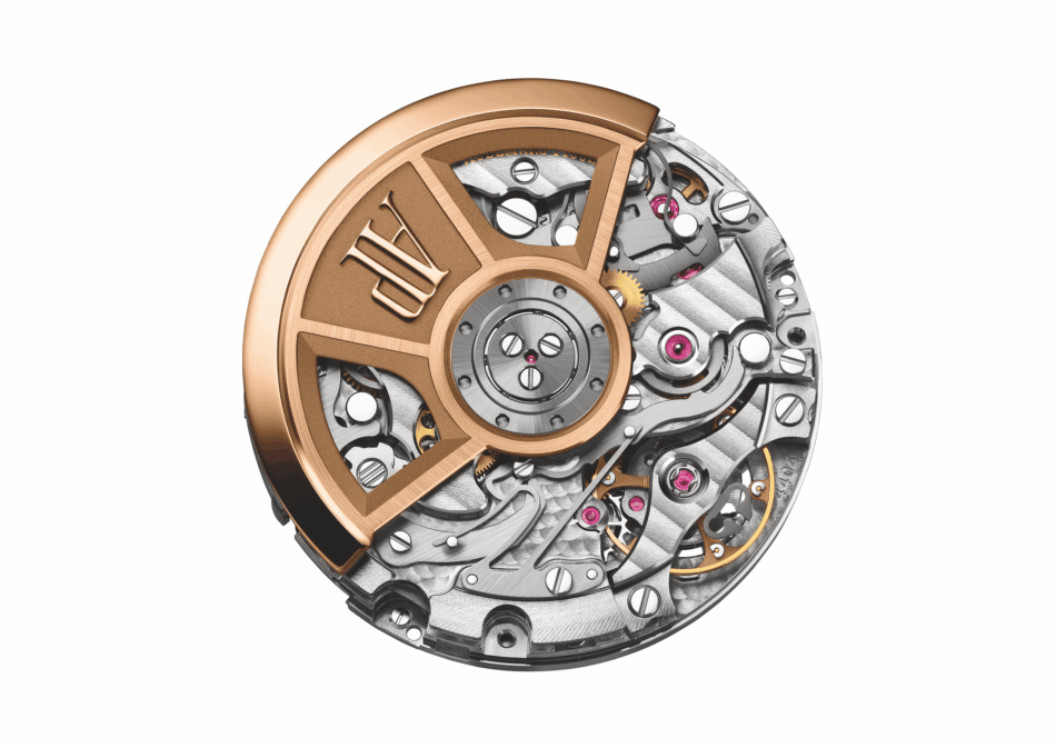 ROYAL OAK OFFSHORE caliber Watches World Close up of a luxury watch movement with a rose gold rotor and exposed gears showing intricate mechanical parts