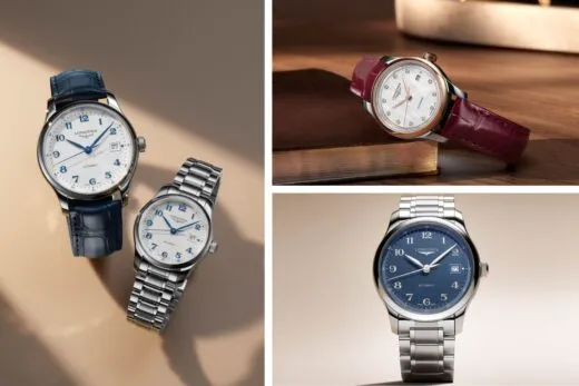 Collage of three Longines watches: two with light dials and blue numerals on a beige background (left), a diamond-marked white dial with burgundy strap on a wooden surface (top right), and a blue dial with silver bracelet on a light backdrop (bottom right).