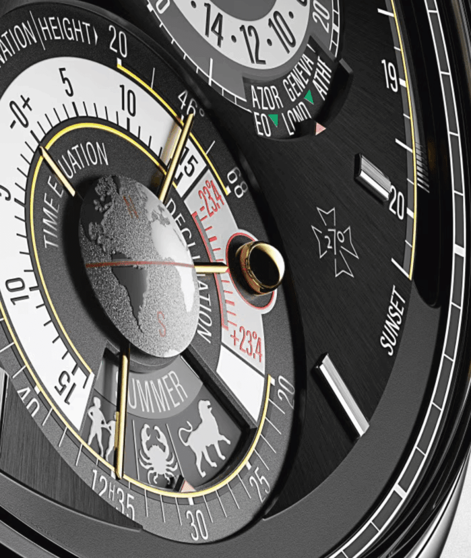 Vacheron Constantin Solaria Ultra Grand Complication Watches World Close up of a luxurious multi dial watch featuring a globe centerpiece zodiac icons and multiple time zonesindicators as the primary purpose of the image