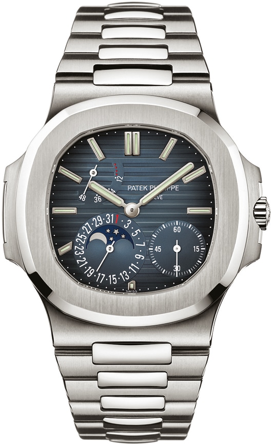 Pate Philippe Nautilus 57121A001 Watches World Patek Philippe stainless steel wristwatch with blue dial moon phase and calendar subdials on a metal bracelet