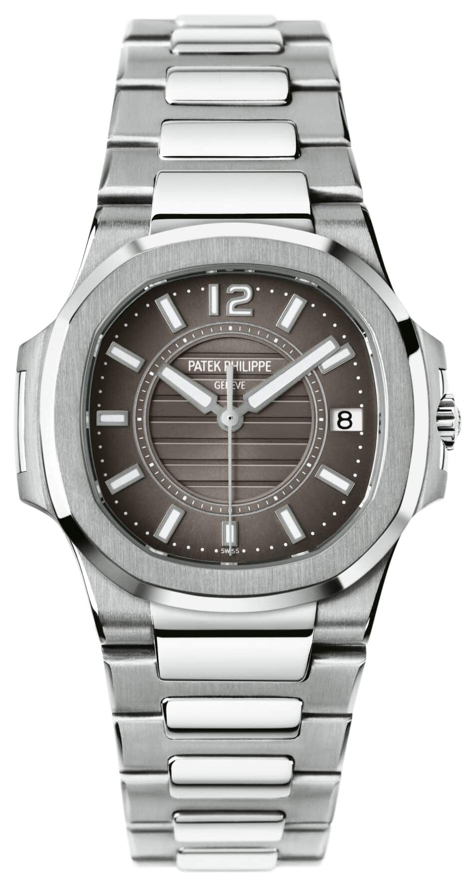 70111G010 Watches World Close up of a stainless steel Patek Philippe wristwatch with a brown dial bold hour markers and a date window at 3 oclock