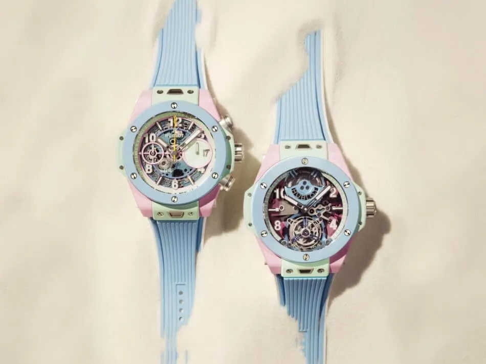 Hublot Big Bang Summer Unico Flyback y Hublot Big Bang Summer Tourbillon cerámica rosa, verde menta y bisel azul celeste inspirado en los colores del Mediterráneo.