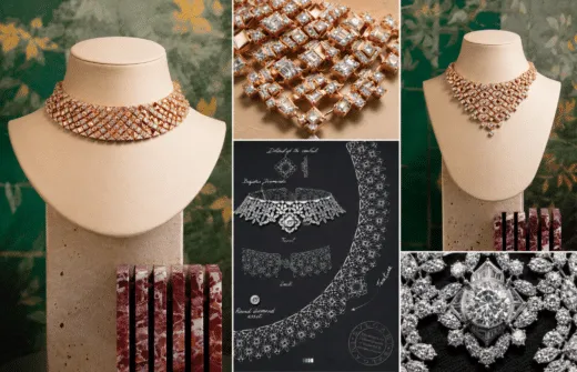 Piezas de la colección Bvlgari Eclettica presentadas durante Paris Haute Couture con elaborados diseños inspirados en tejidos de encaje.
