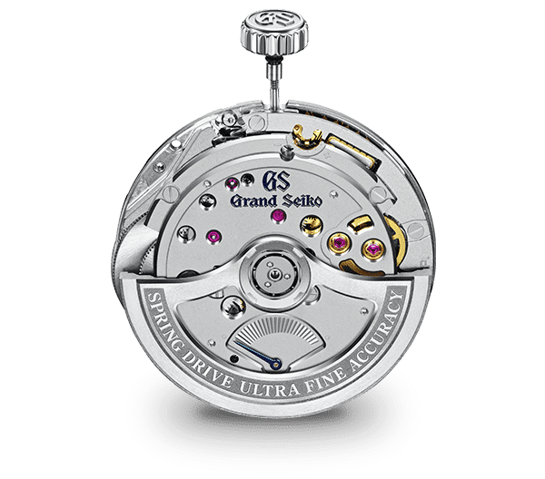 Calibre Spring Drive 9RB2 4 Watches World Calibre Spring Drive 9RB2 Close up of a Grand Seiko Spring Drive movement with silver gears and jewels crown at top