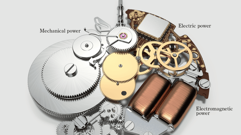 Calibre Spring Drive 9RB2 Watches World Calibre Spring Drive 9RB2 Internal gears and copper coils of a watch like mechanism illustrating three power types mechanical electric and electromagnetic power