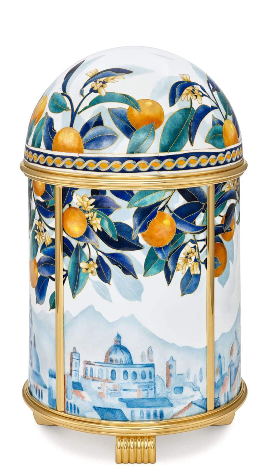 Dôme Oranges de Sicile Ref 20179M001 1 Watches World Dôme Oranges de Sicile Ref 20179M 001 Ornate porcelain clock with blue green leaves and orange fruit gold trim and a Roman numeral dial visible on the front Decorative porcelain urn with a domed lid featuring blue orange citrus leaves gold trim and a blue cityscape along the body