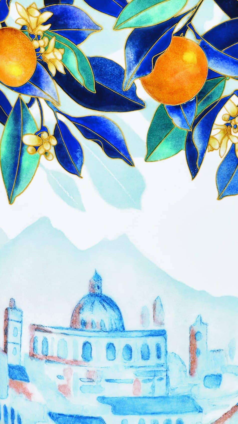 Dôme Oranges de Sicile Ref 20179M001 2 Watches World Dôme Oranges de Sicile Ref 20179M 001 Ornate porcelain clock with blue green leaves and orange fruit gold trim and a Roman numeral dial visible on the front Vibrant watercolor scene of a blue domed city building seen beneath citrus branches with orange fruit and green leaves overhead