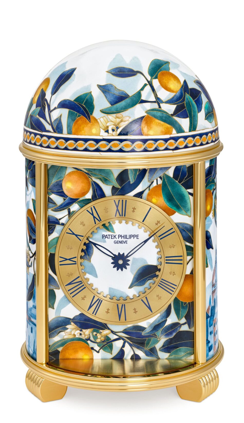 Dôme Oranges de Sicile Ref 20179M001 3 Watches World Dôme Oranges de Sicile Ref 20179M 001 Ornate porcelain clock with blue green leaves and orange fruit gold trim and a Roman numeral dial visible on the front