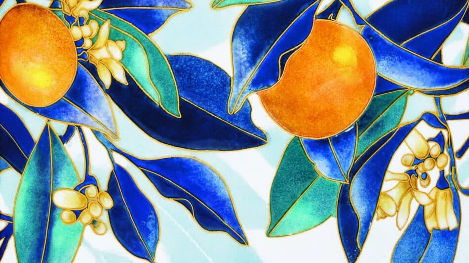 Dôme Oranges de Sicile Ref 20179M001 4 Watches World Dôme Oranges de Sicile Ref 20179M 001 Ornate porcelain clock with blue green leaves and orange fruit gold trim and a Roman numeral dial visible on the front Abstract stained glass style artwork featuring bright orange fruit shapes and blue green leaves