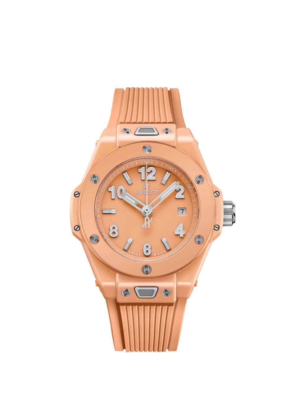 HublotBig Bang Peach Ceramic 4 Watches World Peach colored Hublot wristwatch with a ribbed strap round dial showing large 12 3 6 9 numerals and date window at 4 o'clock