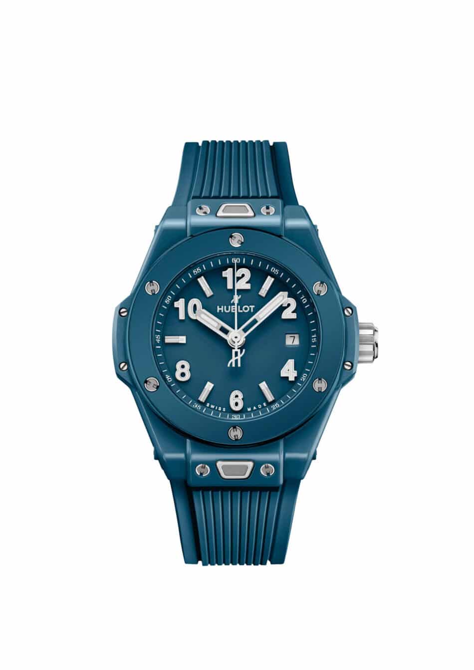 HublotBig Bang Petrol Blue Ceramic 4 Watches World Blue Hublot wristwatch with a blue dial white numerals and date window at 3 o'clock; metal screws on bezel and matching blue strap.