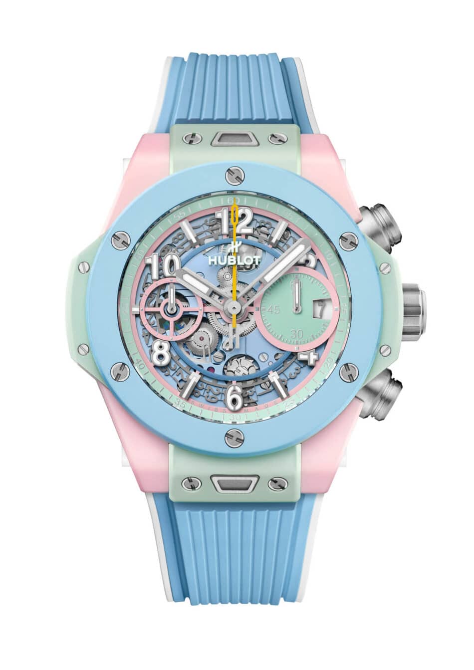 HublotBig Bang Unico Multi Colored Ceramic 2 Watches World Una colorida gama de relojes esqueléticos de Hublot bisel azul detalles en rosa caja en verde menta con engranajes a la vista y carátula con números