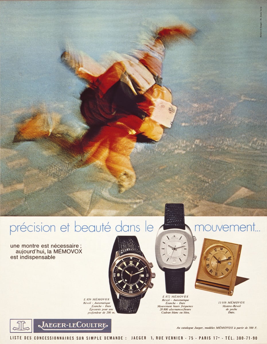 JaegerLeCoultre Polaris Date 40 mm el reloj deportivo que apuesta por la elegancia cotidiana Watches World Blurred skydiver in an orange jumpsuit above a landscape with three Jaeger LeCoultre MEMOVOX watches displayed below advertisement