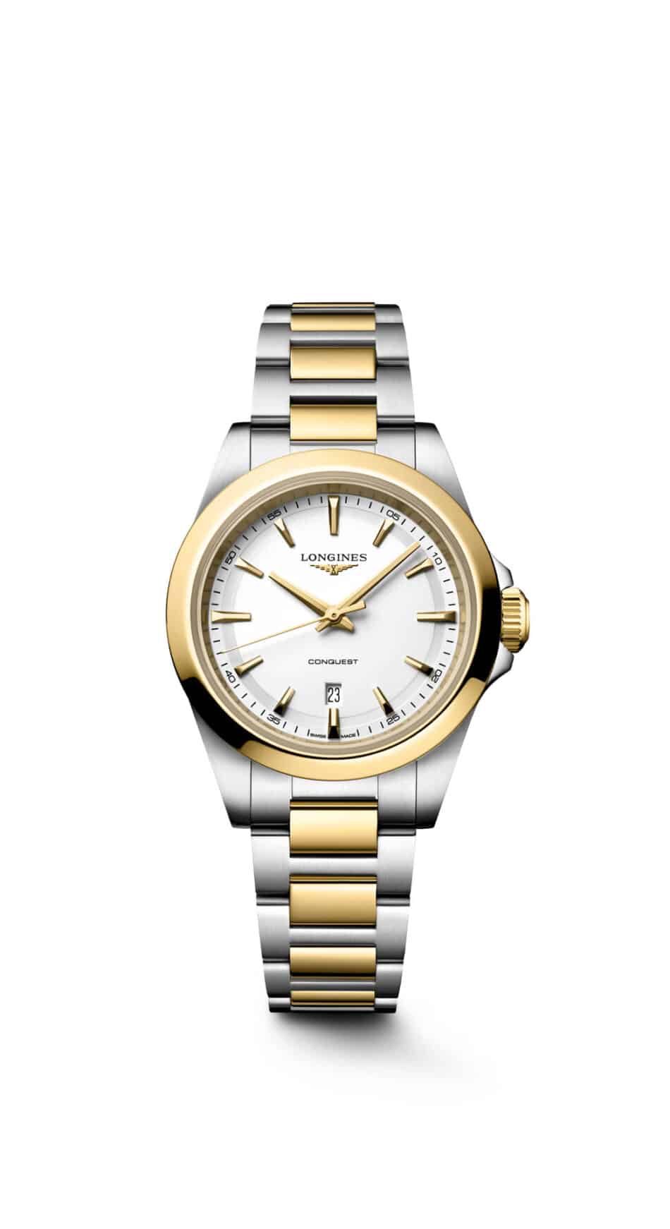 Longines Conquest la colección icónica crece con nuevas versiones de cuarzo Watches World Reloj de pulsera Longines Conquest bicolor con esfera blanca bisel dorado y ventana de fecha a las 6 en punto con brazalete en plata y oro