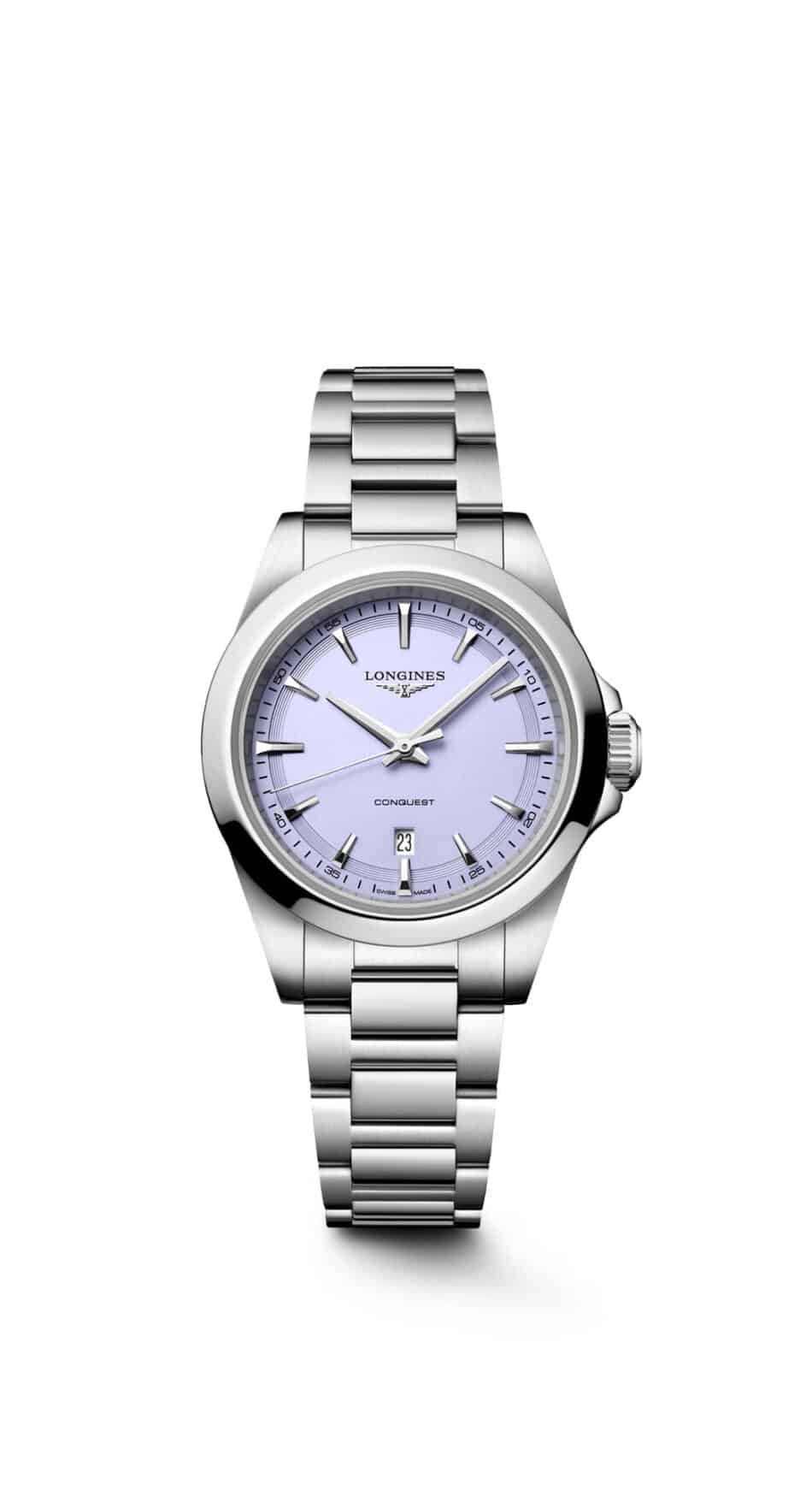 L33504026SOL Watches World Longines Conquest stainless steel wristwatch with a lavender dial and date window at 6 o'clock