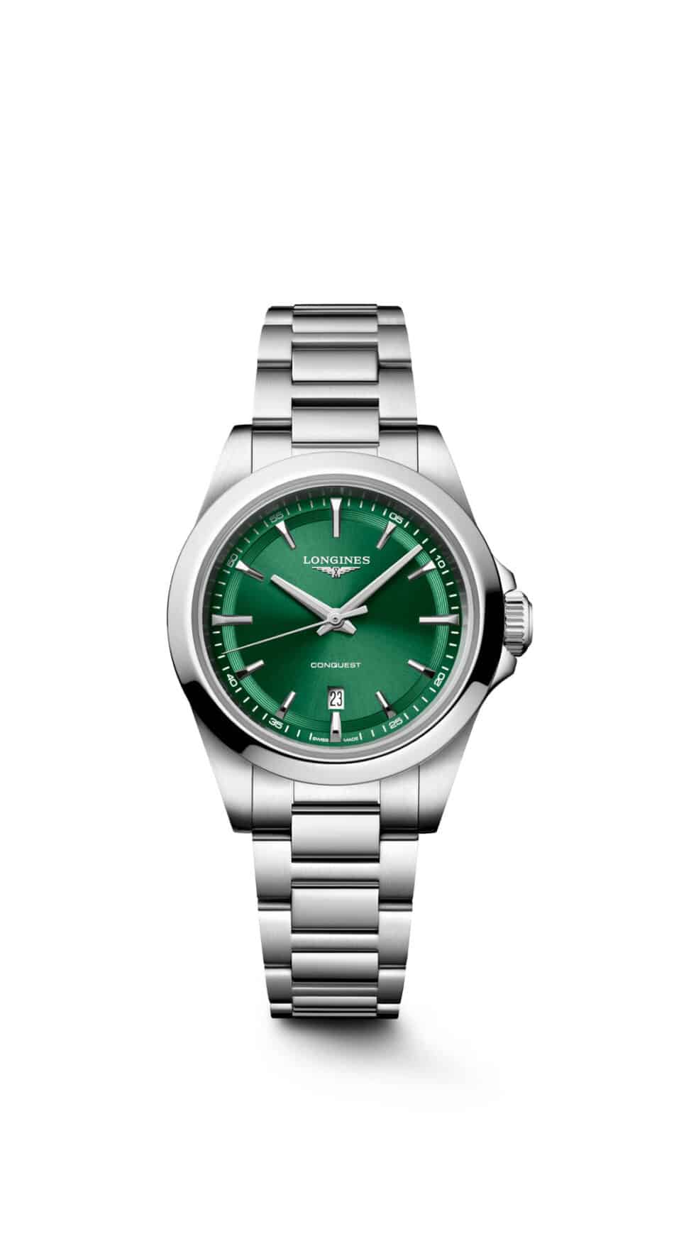 L33504096SOL Watches World Longines Conquest stainless steel wristwatch with a green dial silver markers and a date window at 6 o'clock.