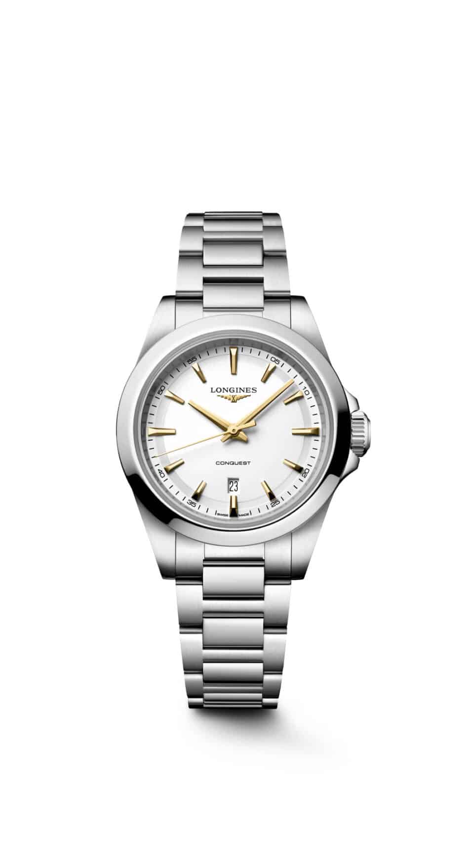 L33504126SOL Watches World Longines Conquest stainless steel watch with white dial gold tone hands and markers bracelet strap