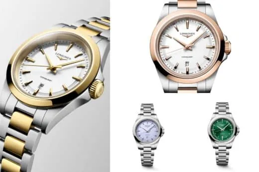 Relojes de marca de la colección Longines Conquest: bisel bicolor en oro y plata con esfera blanca (imagen más grande) y, junto a él, un reloj con bisel en oro rosa; dos modelos más pequeños de acero inoxidable con esferas en tonos pastel y verdes que ponen de manifiesto la variedad de la colección.