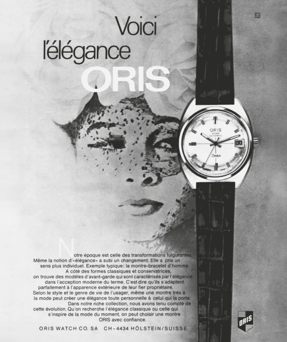 Oris Star y Dr Portmann 4 Watches World ORIS wristwatch advertisement showing a silver faced watch with a black strap beside the French slogan'Voici l'élégance'.