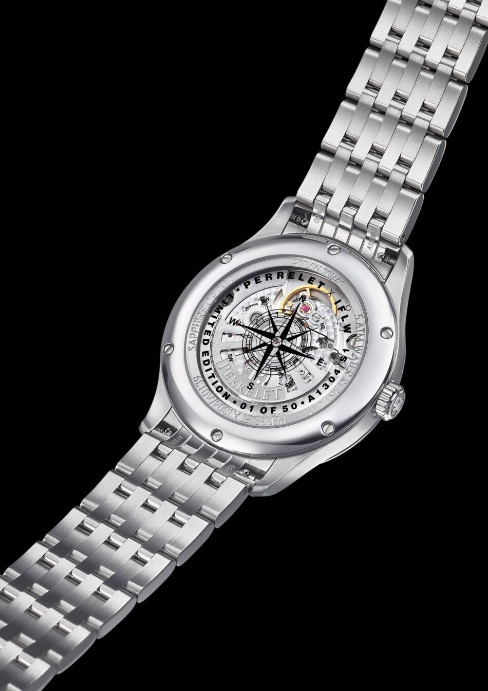 PERRELET E IFL WATCHES WEEKEND GMT ATLAS BACK Watches World Close up of a stainless steel wristwatch with a transparent case back revealing its inner mechanism against a black background