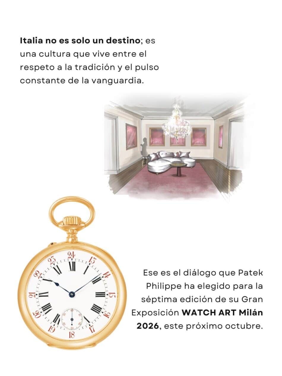 Patek Philippe Grand Exhibition WATCH ART 2026 en Milán 2 Watches World Patek Philippe Grand Exhibition WATCH ART 2026 en Milán Promotional graphic in Spanish about Italy and art showing a gallery interior illustration and a gold pocket watch for WATCH ART Milán 2026