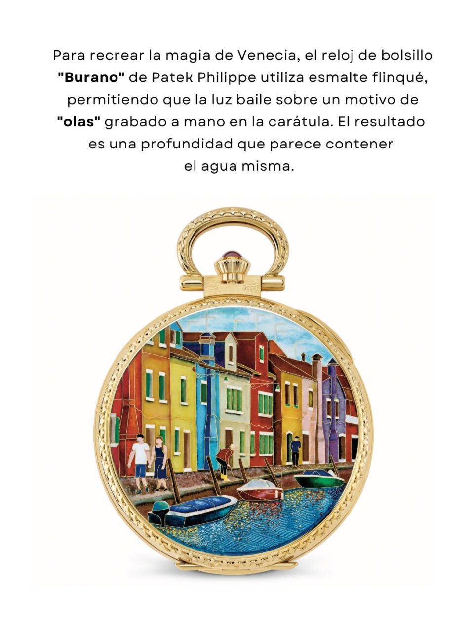 Patek Philippe Grand Exhibition WATCH ART 2026 en Milán 4 Watches World Patek Philippe Grand Exhibition WATCH ART 2026 en Milán Reloj de bolsillo dorado con esfera esmaltada que muestra un canal con casas coloridas y barcas estilo Burano
