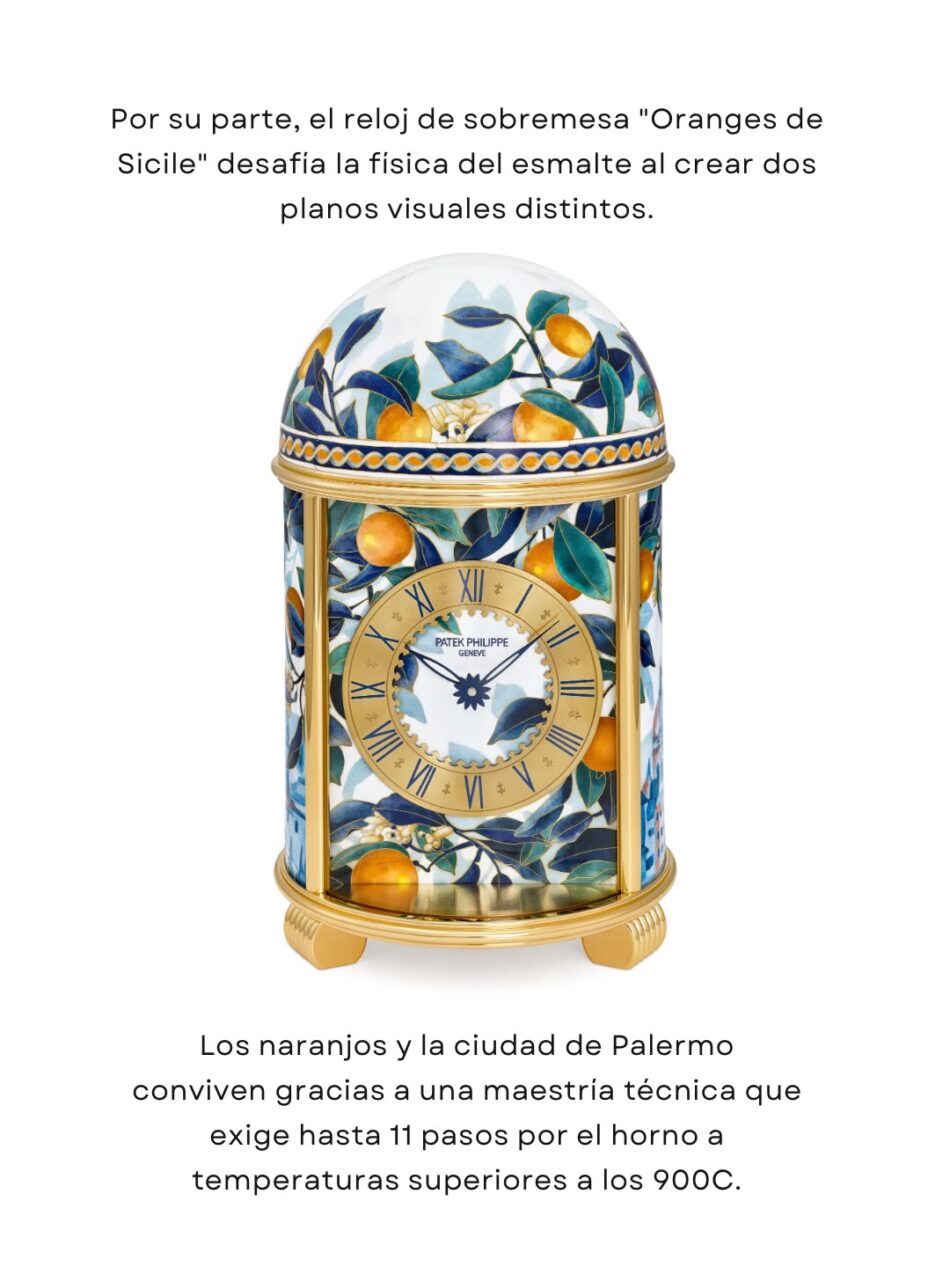 Patek Philippe Grand Exhibition WATCH ART 2026 en Milán 5 Watches World Patek Philippe Grand Exhibition WATCH ART 2026 en Milán porcelain dome clock with blue orange citrus pattern and gold frame labeled Patek Philippe Genève