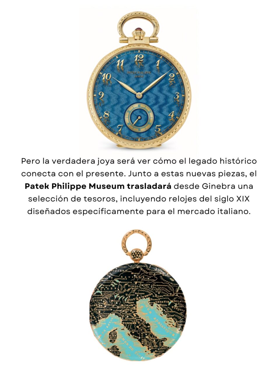 Patek Philippe Grand Exhibition WATCH ART 2026 en Milán 6 Watches World Patek Philippe Grand Exhibition WATCH ART 2026 en Milán Two ornate pocket watches a gold blue faced timepiece above and a map patterned piece below accompanied by Spanish text about the Patek Philippe Museum traveling exhibition from Geneva