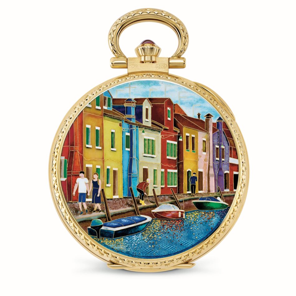 Reloj de bolsillo Burano Ref 992193J001 4 Watches World Reloj de bolsillo Burano Ref 992193J 001 4 Gold pocket watch with an ornate ring and a colorful enamel city scene on its dial showing buildings by water
