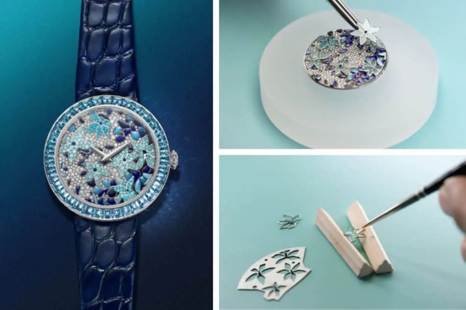 Tiffany & Co. Eternity Enamel Clematis con carátula floral en esmalte plique-à-jour y diamantes.