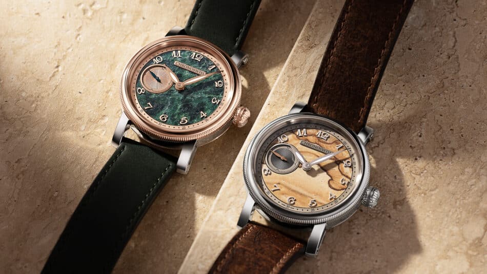 Chronoswiss Small Second Watches World Two Chronoswiss wristwatches with leather straps on a beige stone surface left has a rose gold case and green dial right has a silver case and beige dial