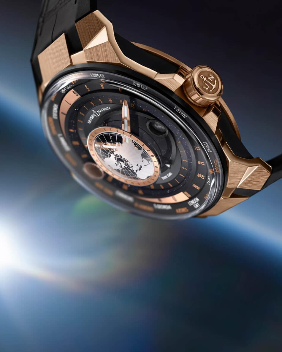 Ulysse Nardin Blast Moonstruck precisión astronómica en una edición limitada Watches World Detalle del Blast Moonstruck con representación geocéntrica de la Tierra y fases lunares